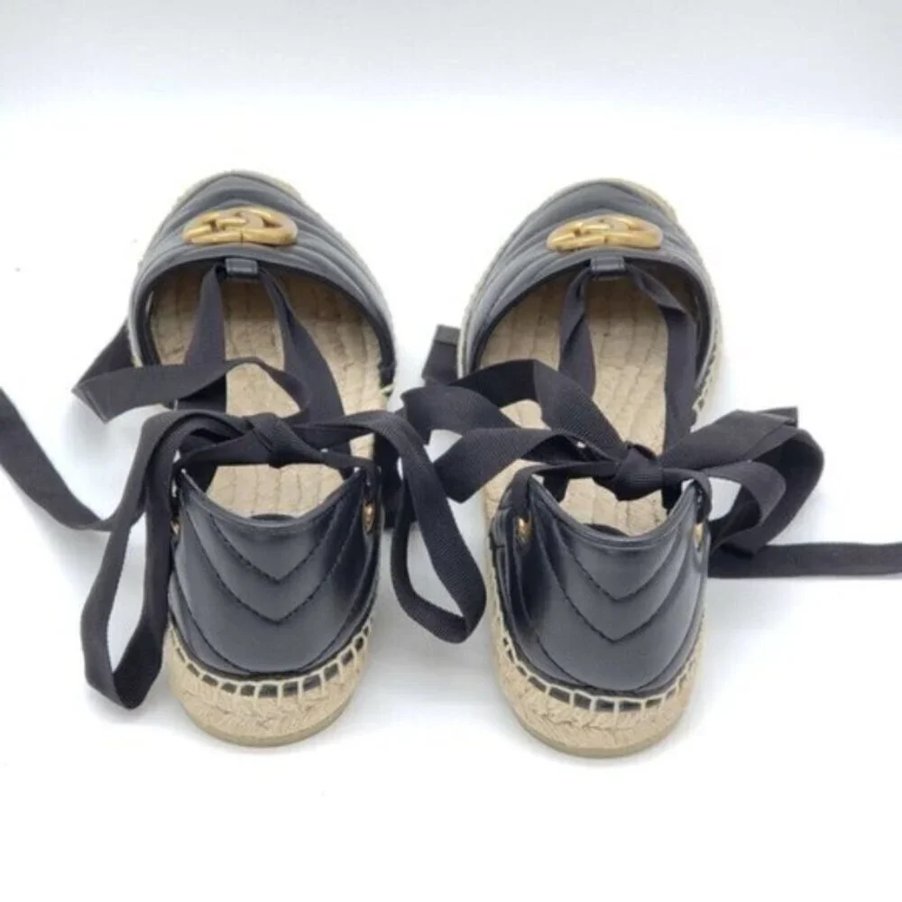 Authentic Gucci GG Marmont Espadrille Sandals Black Leather Gold Logo Brand New